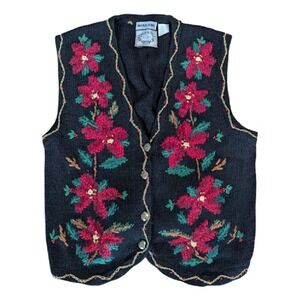 Erika Hand Knit Christmas Vest, Black with Pointsettias and Gold Trim, Medium